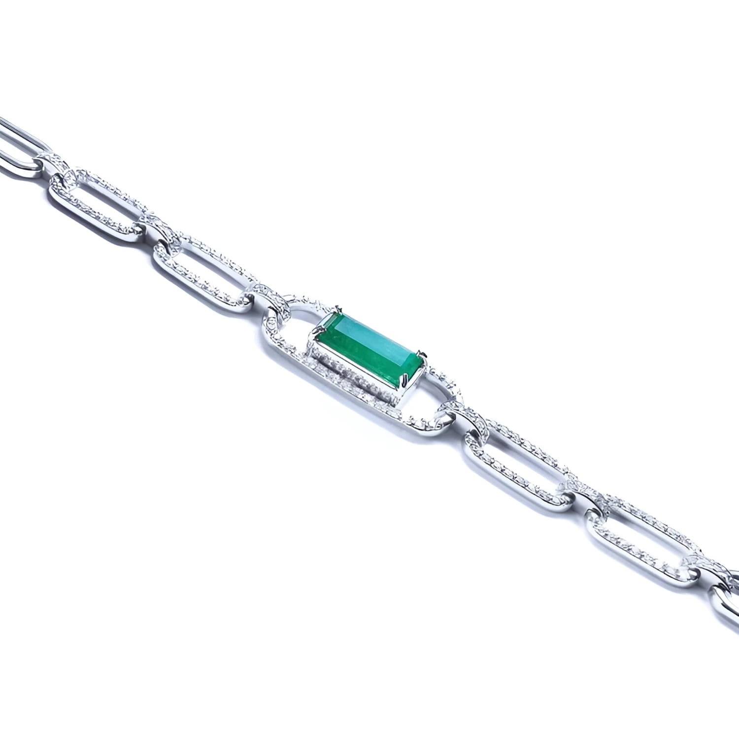 14K white gold paper clip bracelet with a rectangular emerald center stone surrounded by diamonds.