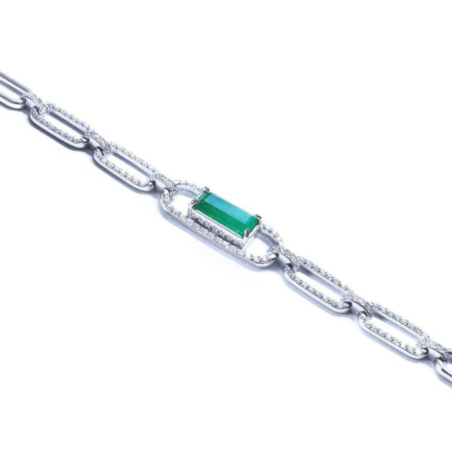 14K white gold paper clip bracelet with a rectangular emerald center stone surrounded by diamonds.