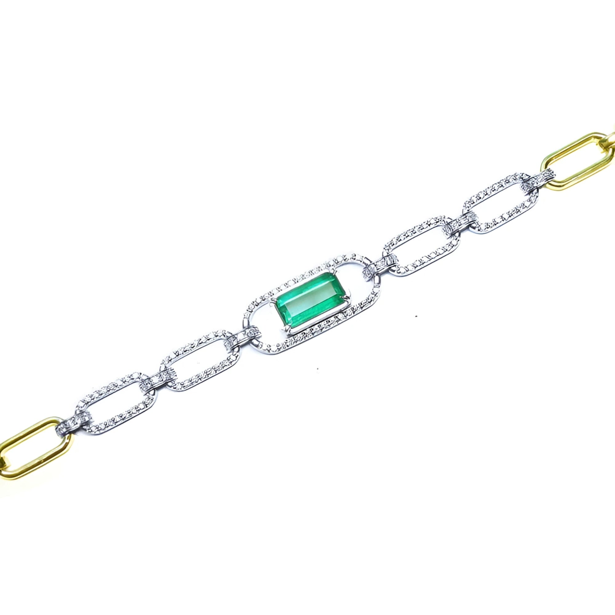 14K white and yellow gold paperclip bracelet with an emerald-cut green emerald and diamond halo.