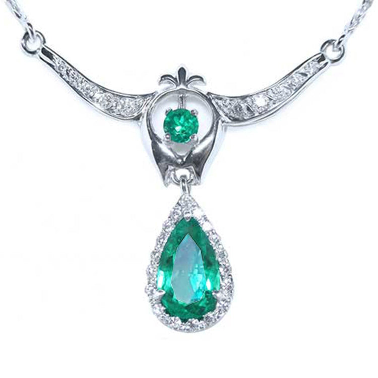 May birthstone necklace emerald pear-shaped Muzo mine vibrant medium-deep green hue,14k white gold