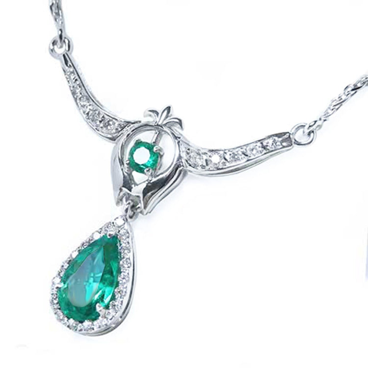 Women&#39;s Emerald necklace May birthstone pear-shaped Muzo mine natural diamonds 14k white gold