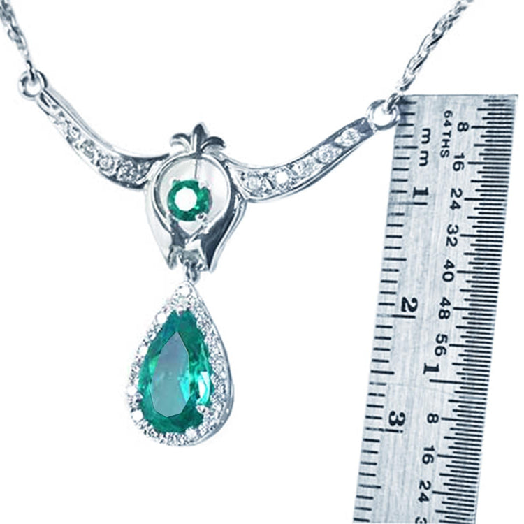 Natural Emerald necklace May birthstone pear-shaped Muzo mine accented by natural diamonds 14k white gold