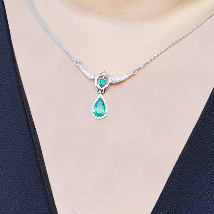 Emerald jewelry necklace May birthstone pear-shaped Muzo mine natural diamonds 14k white gold