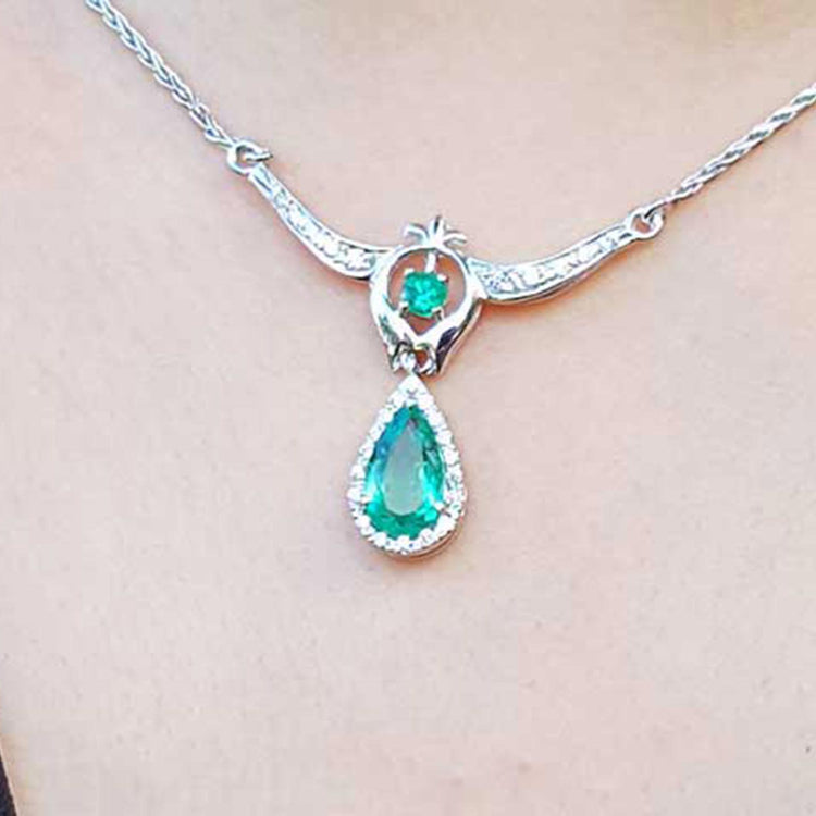 White gold Emerald necklace May birthstone pear-shaped accented by natural diamonds 14k