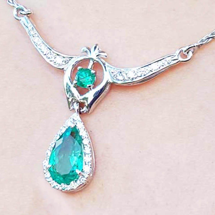 Real Colombian Emerald necklace May birthstone pear-shaped Muzo mine 14k white gold