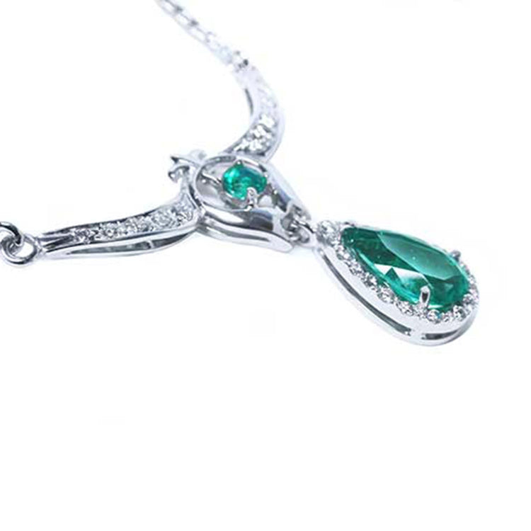 Emerald necklace May birthstone pear-shaped, accented by natural diamonds 14k white gold