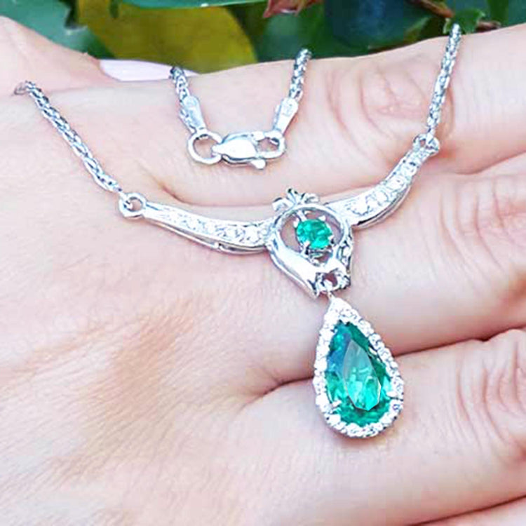 Genuine Emerald necklace May birthstone pear-shaped Muzo mine natural diamonds 14k white gold