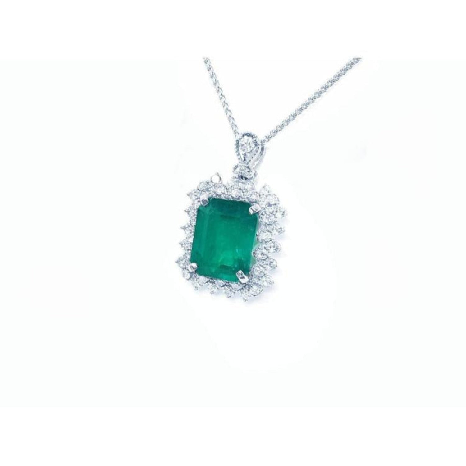 7.78 ct. rectangular natural emerald pendant with double halo diamonds in 14K white gold, antique style.