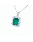 7.78 ct. rectangular natural emerald pendant with double halo diamonds in 14K white gold, antique style.