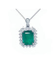7.78 ct. deep green rectangular emerald pendant with double halo diamonds in 14K white gold, antique style.