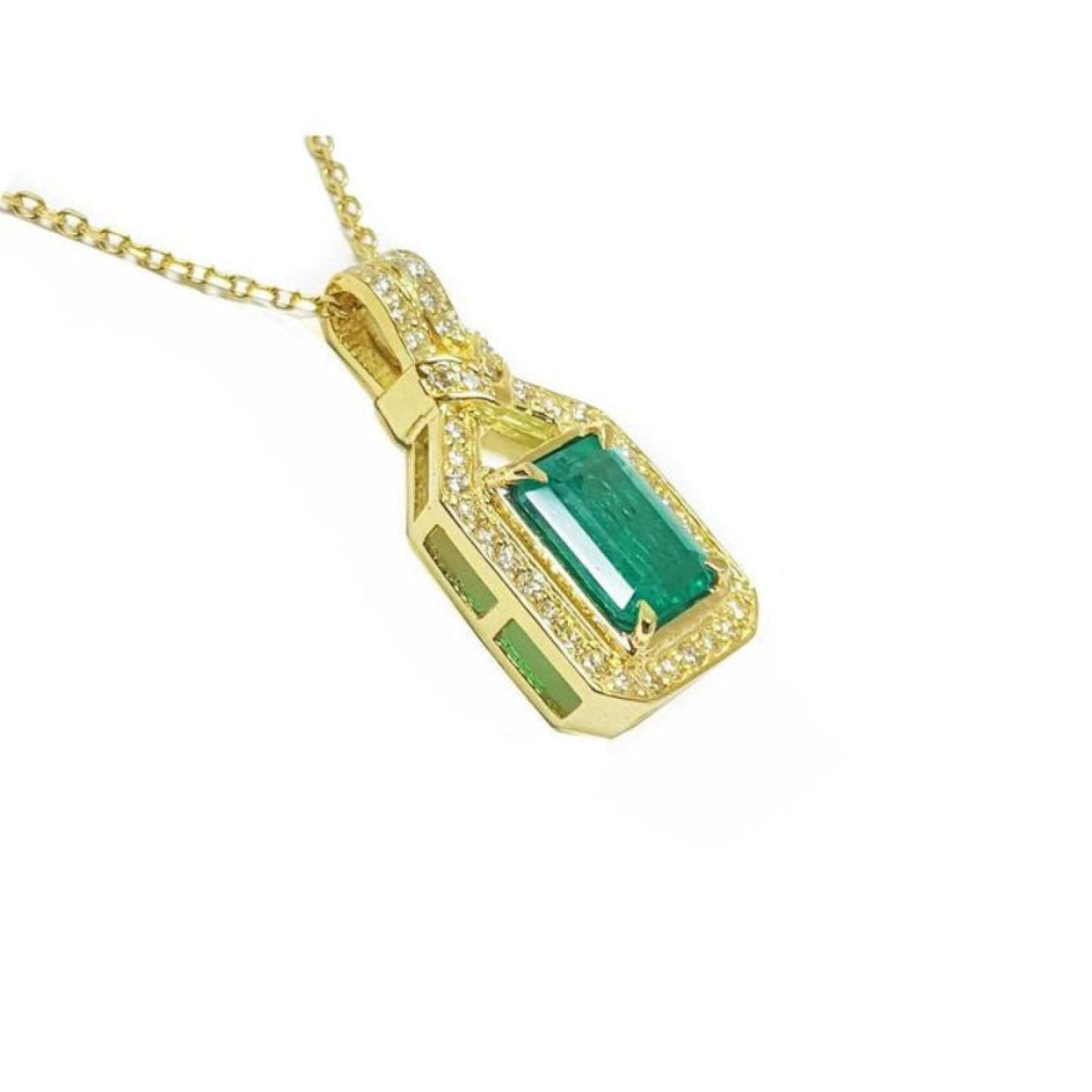 18K yellow gold emerald pendant with natural diamonds, rectangular emerald, and diamond-studded bail.