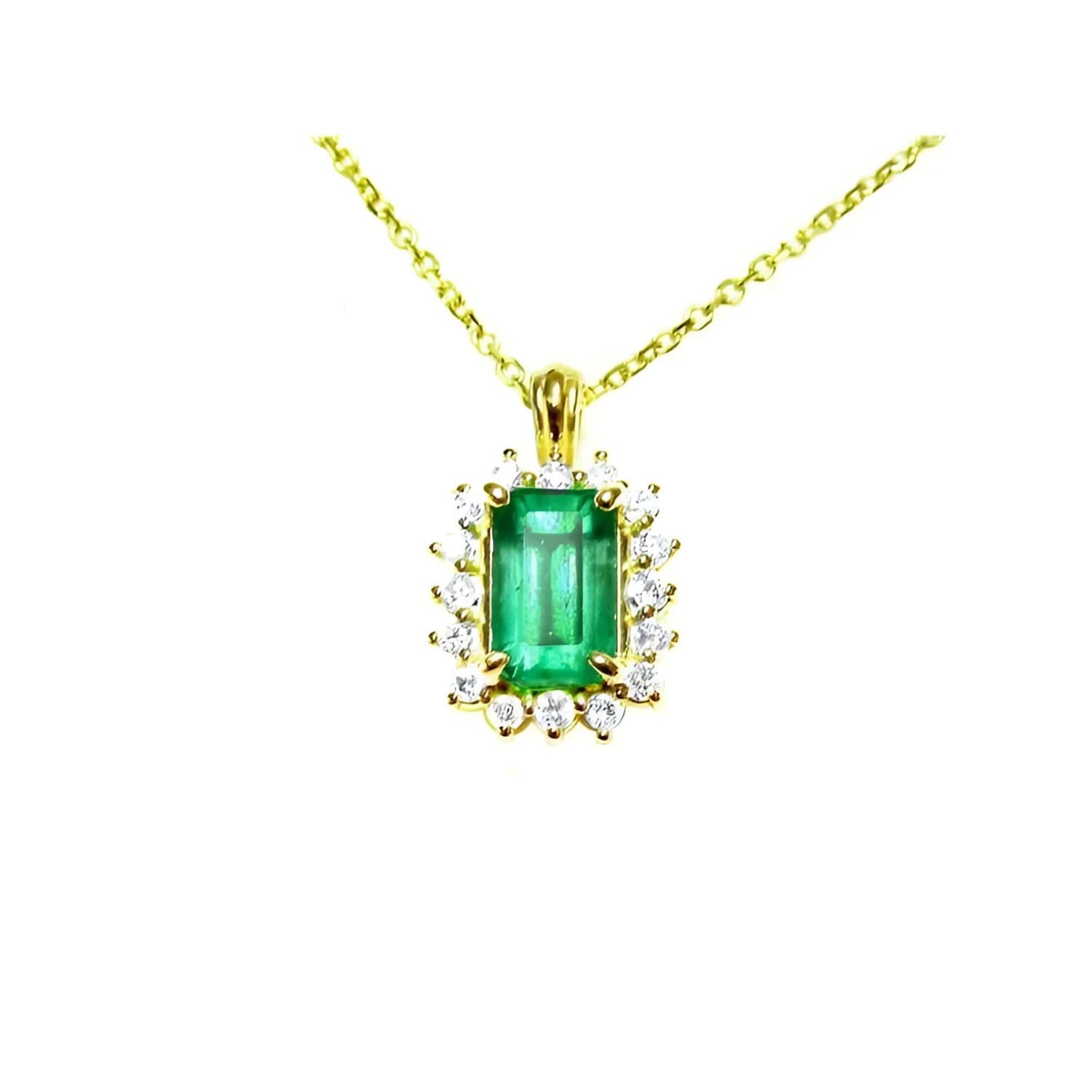 Gold necklace with a rectangular natural colombian emerald with halo diamond pendant on a topside position view.