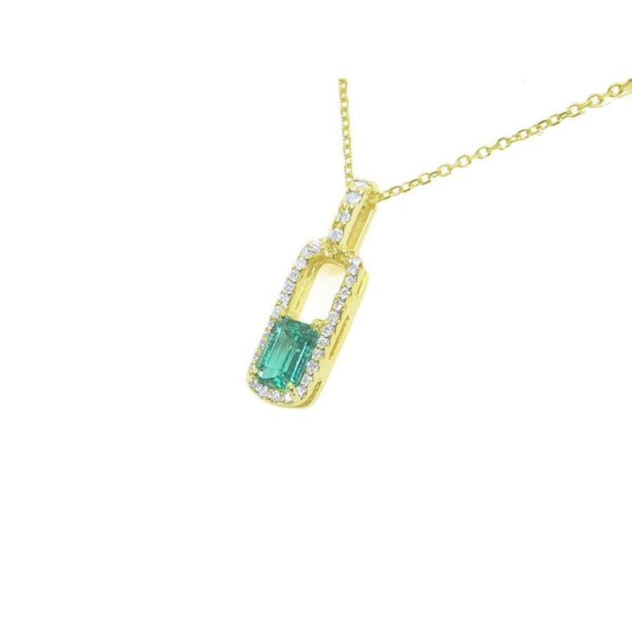 18K yellow gold emerald-cut emerald pendant necklace with natural diamond halo.