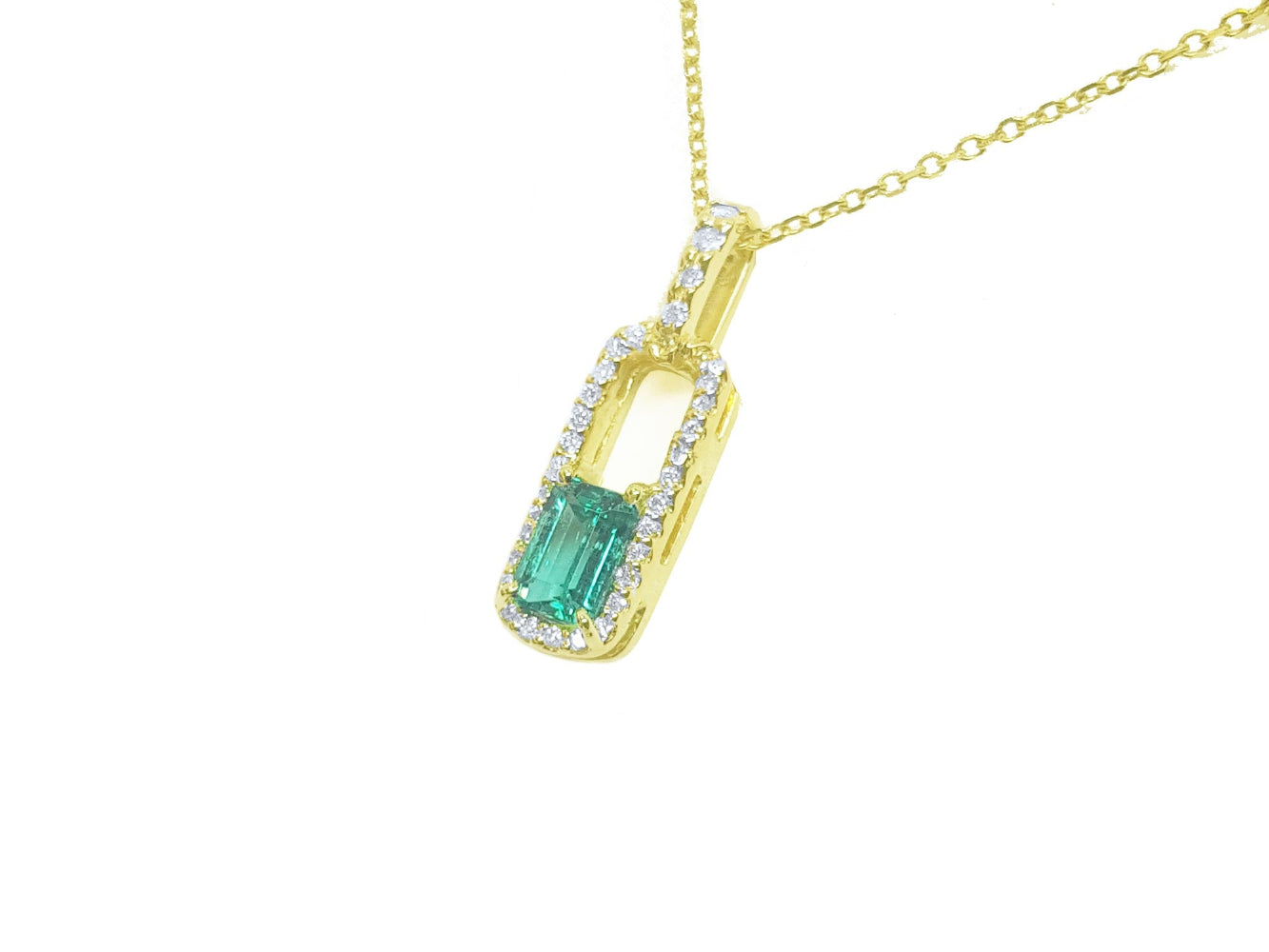 Gold necklace with a genuine emerald pendant on a left-side position displaying topside and gallery view.