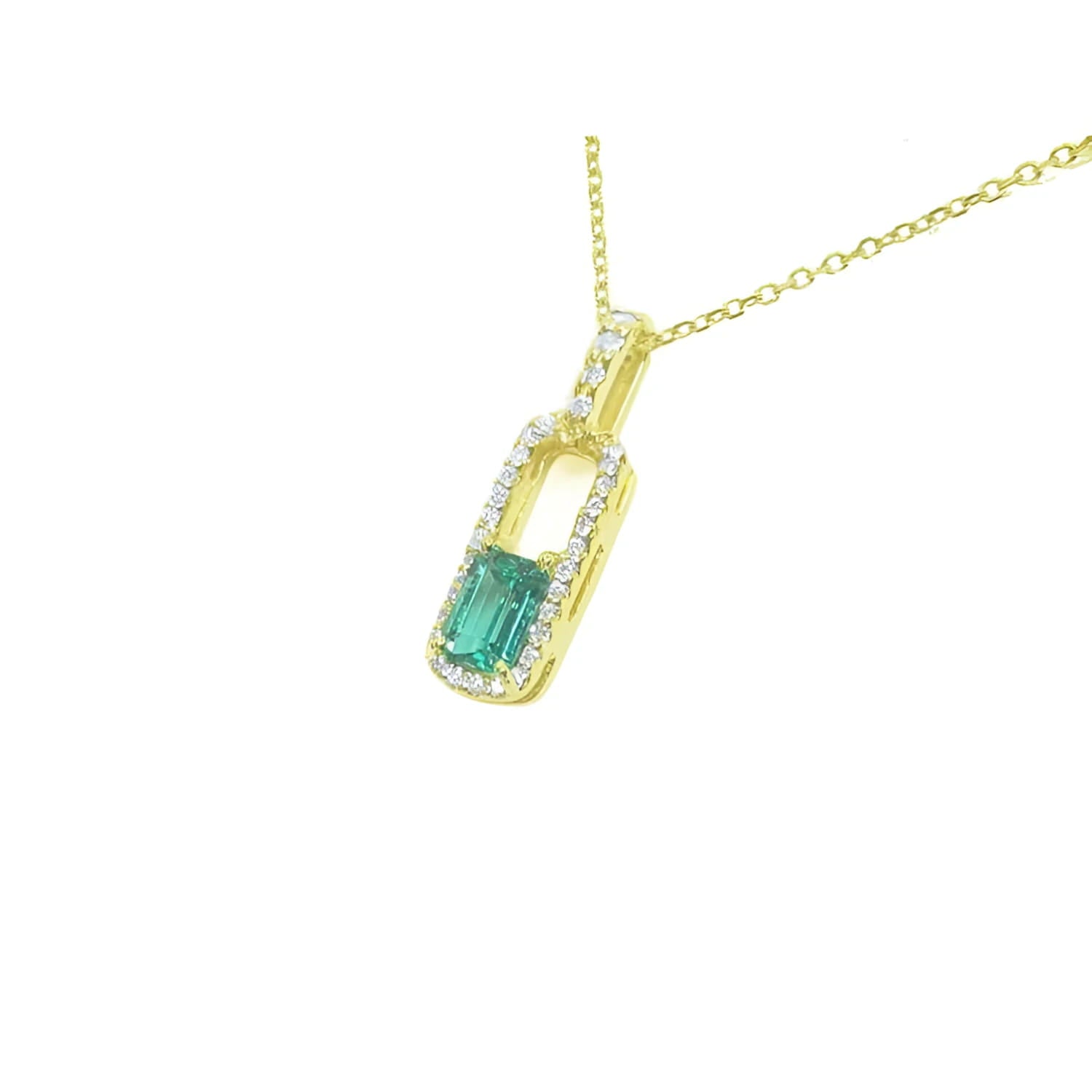 18K yellow gold emerald-cut emerald pendant necklace with natural diamond halo.
