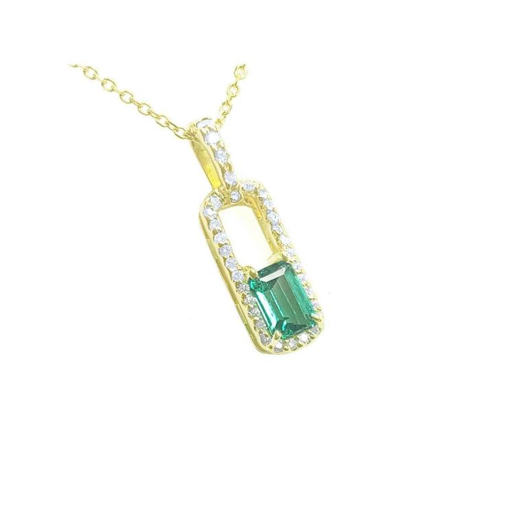 Gold necklace with a natural emerald-cut emerald pendant with a halo diamond, top and side profile visibles.