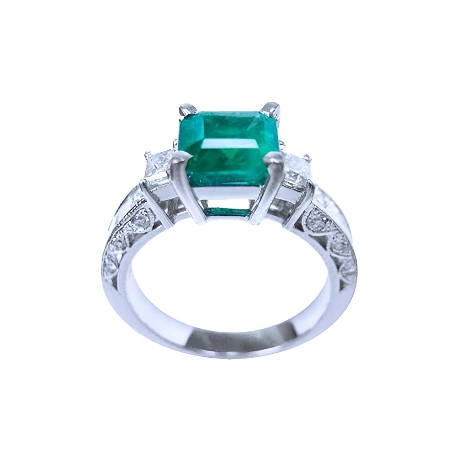 1.62 ct. square emerald ring with side princess cut diamonds on a 14K white gold band.
