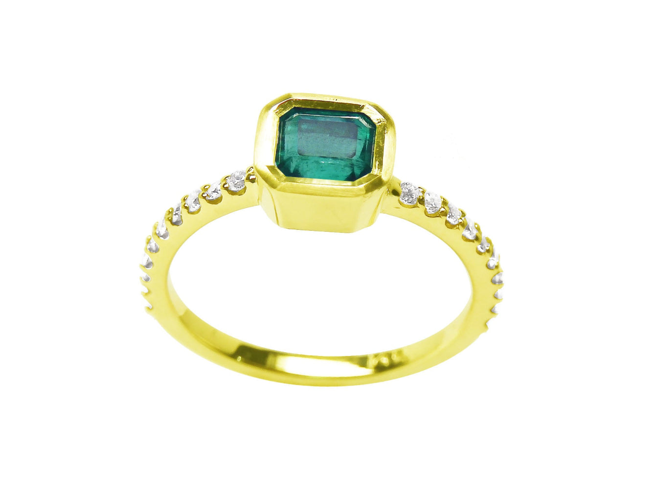 14k yellow gold emerald ring and diamond-studded band on a white background.