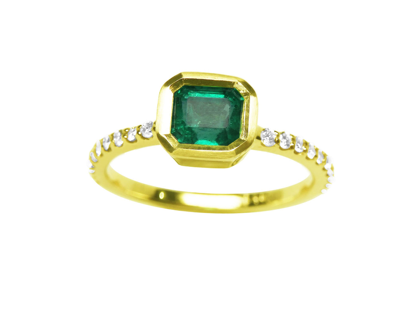 A topside view of a natural colombian emerald ring with diamond accents on a white background.