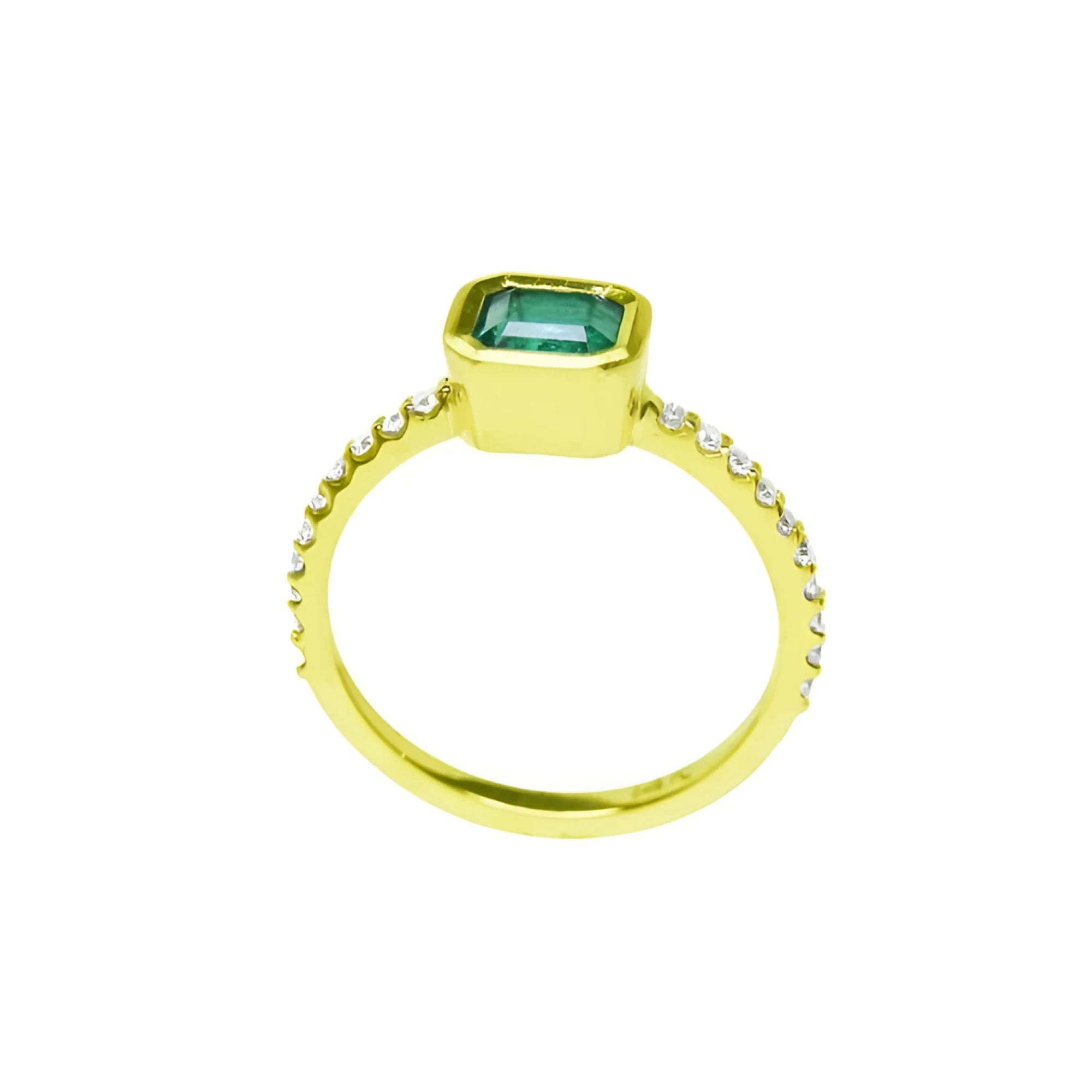 14K yellow gold ring with a bezel-set emerald and accent diamonds on the band.