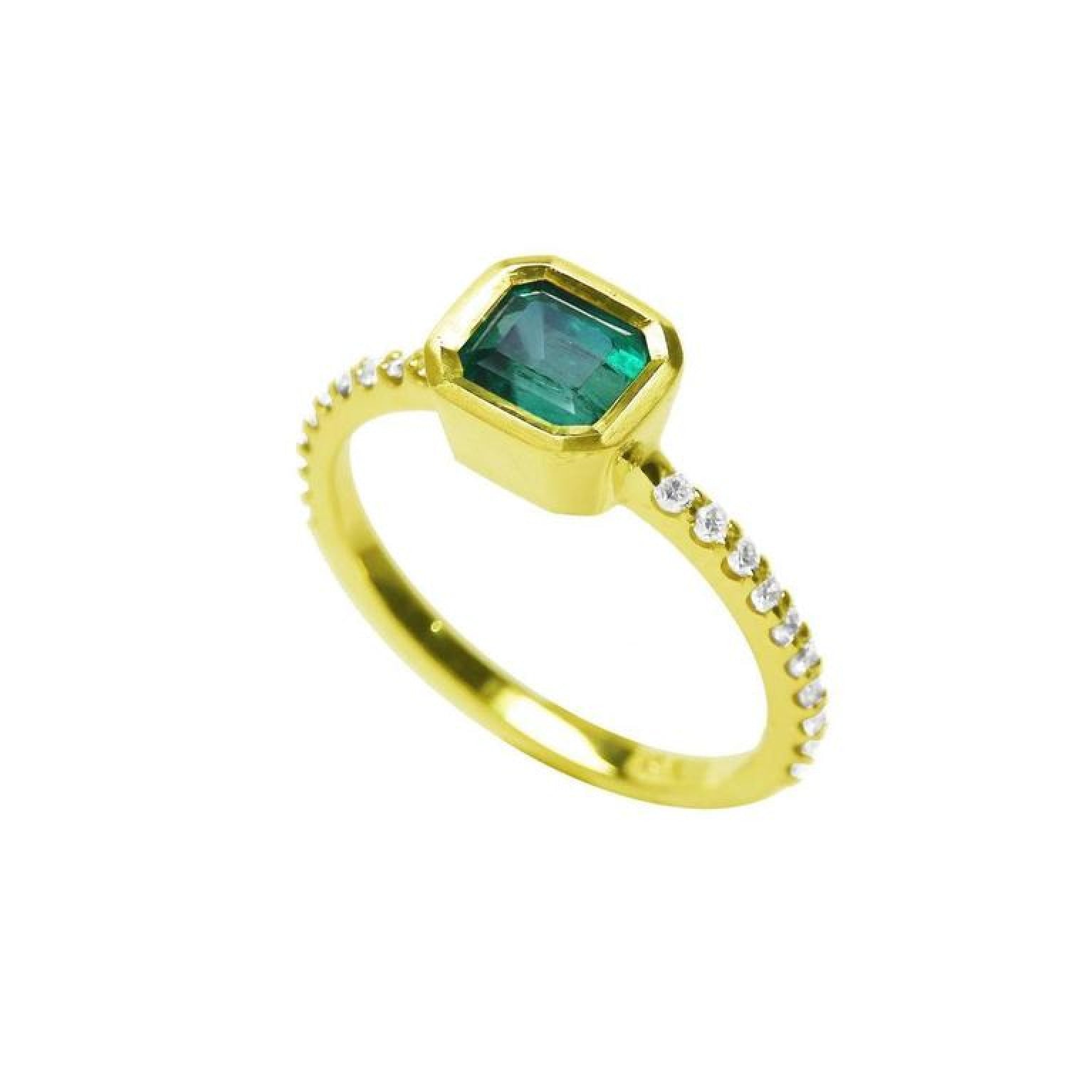 14K yellow gold ring with a bezel-set emerald and accent diamonds on the band.