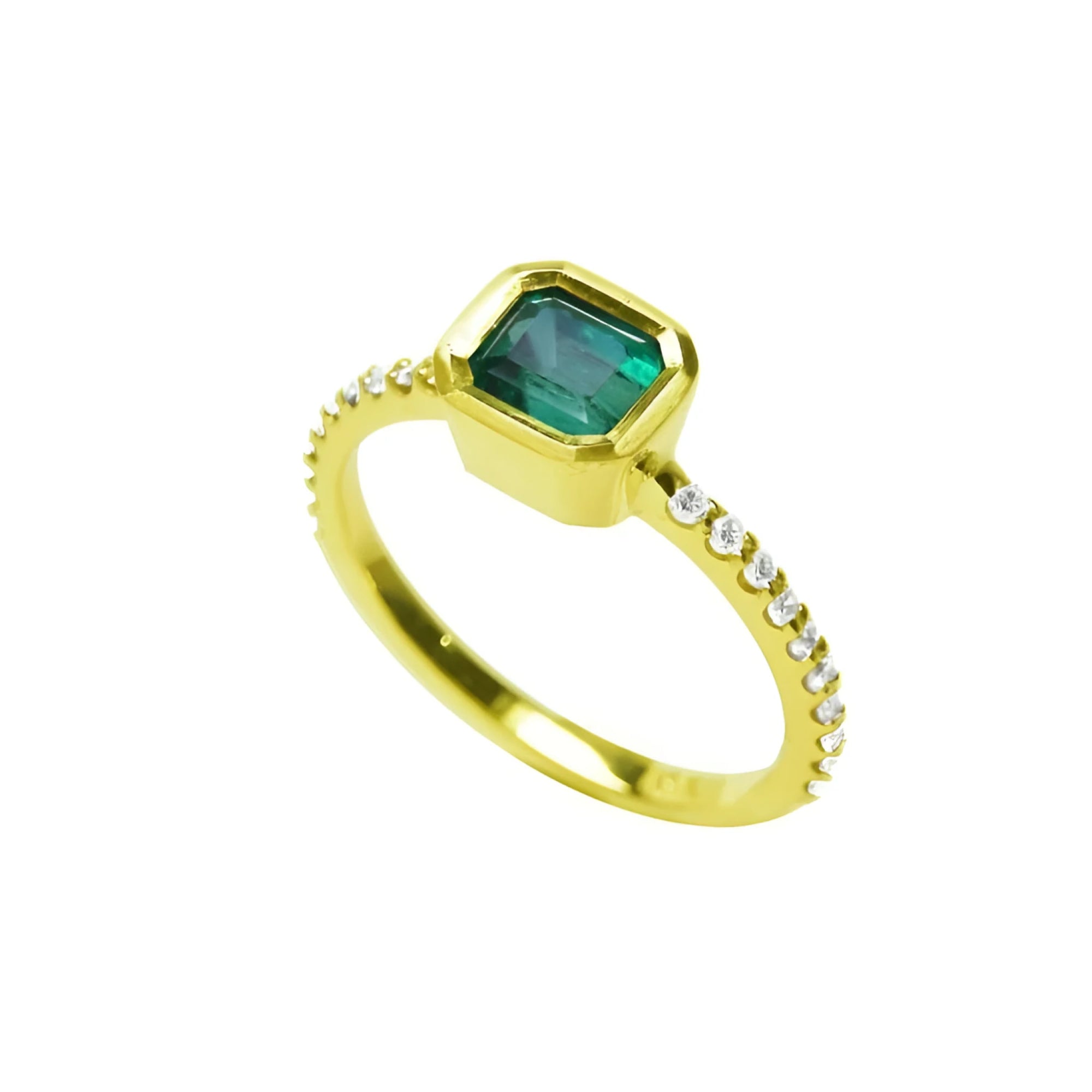14K yellow gold ring with a bezel-set emerald and accent diamonds on the band.
