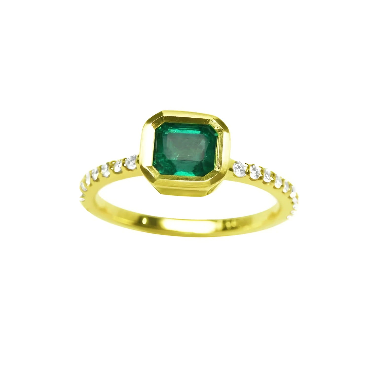 A natural colombian emerald ring with diamond accents made of 14k yellow gold.