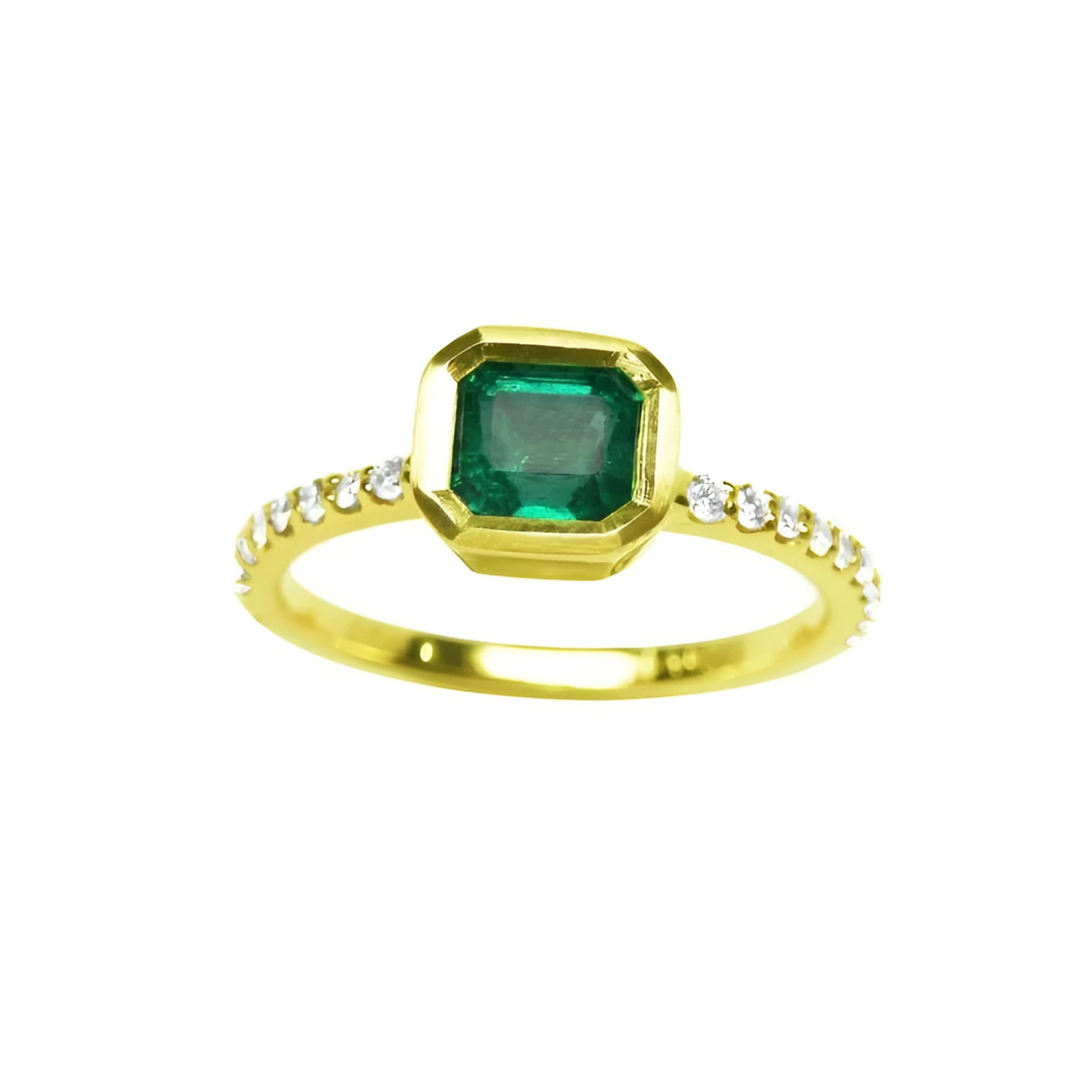 A natural colombian emerald ring with diamond accents made of 14k yellow gold.