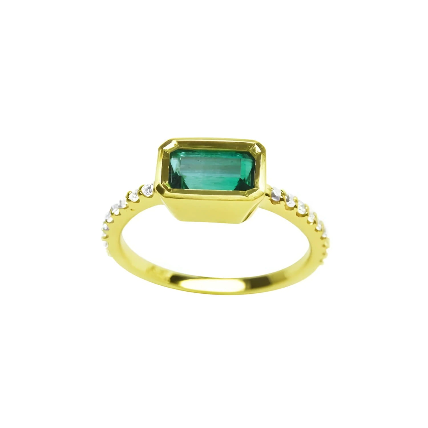 14K yellow gold east-west emerald ring, bezel set rectangular emerald, diamond accents.
