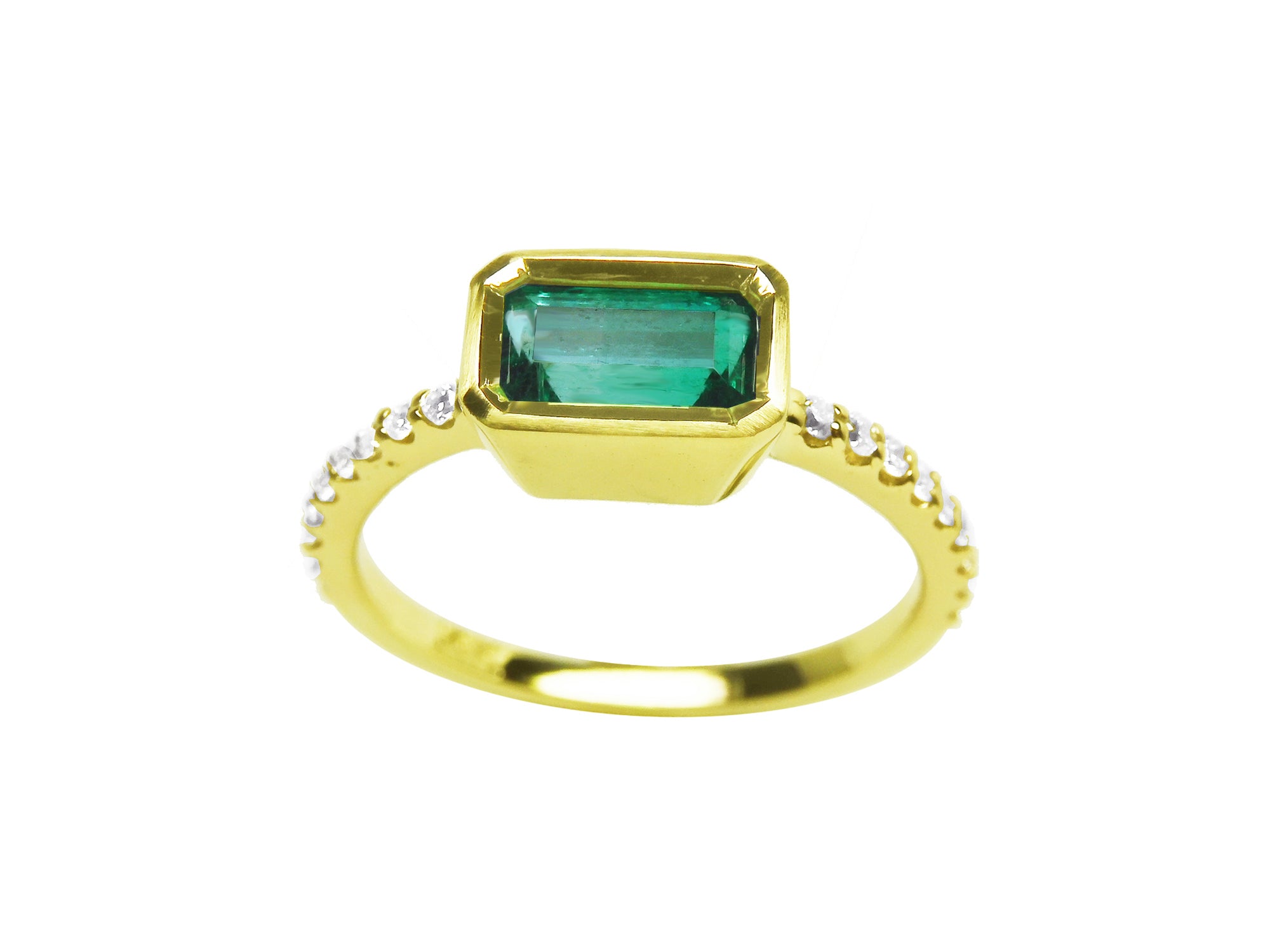 An east-west bezel set emerald ring in yellow gold with accent diamonds, is the perfect May's birthstone gift.