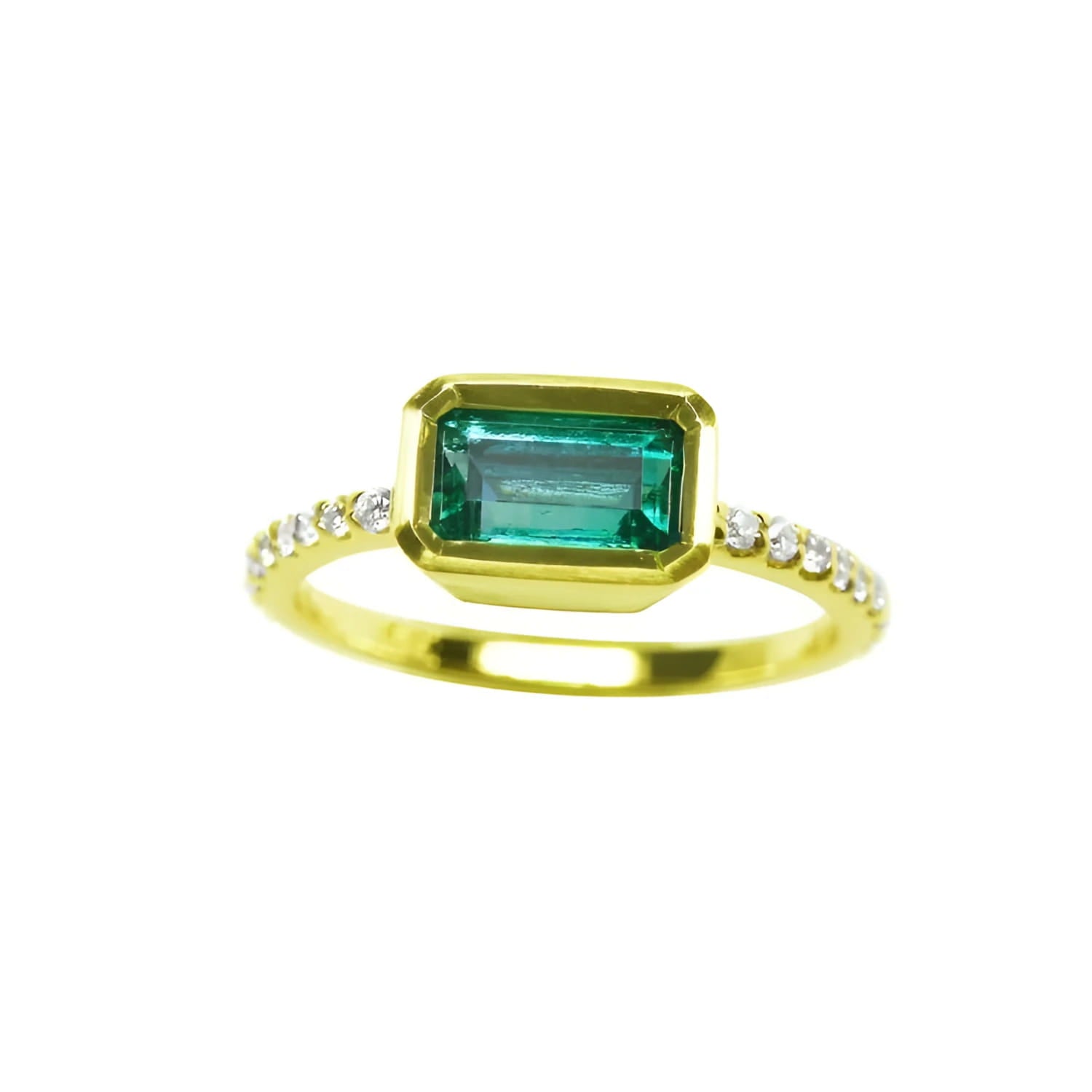 A yellow gold emerald ring bezel set with natural accent diamonds is the perfect gift as a May birthstone.