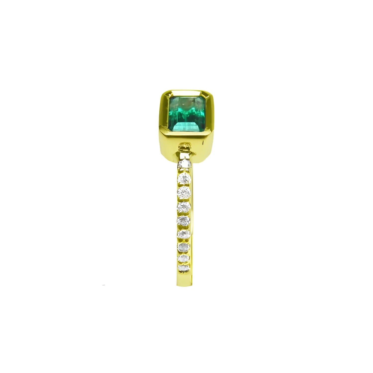 14K yellow gold east-west emerald ring, bezel set rectangular emerald, diamond band.