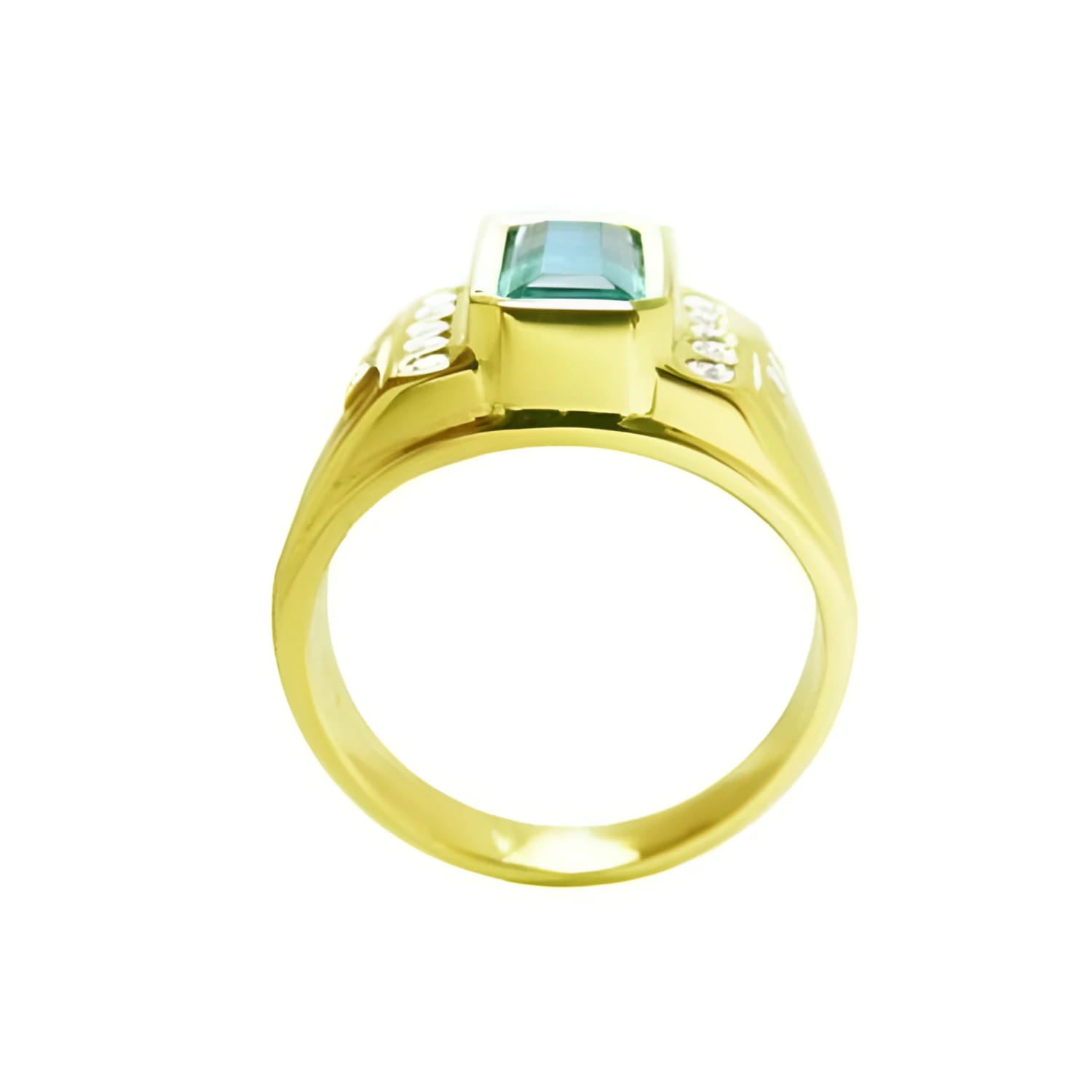 Men's 14K yellow gold ring with a bezel-set Colombian emerald and burnish-set diamonds.