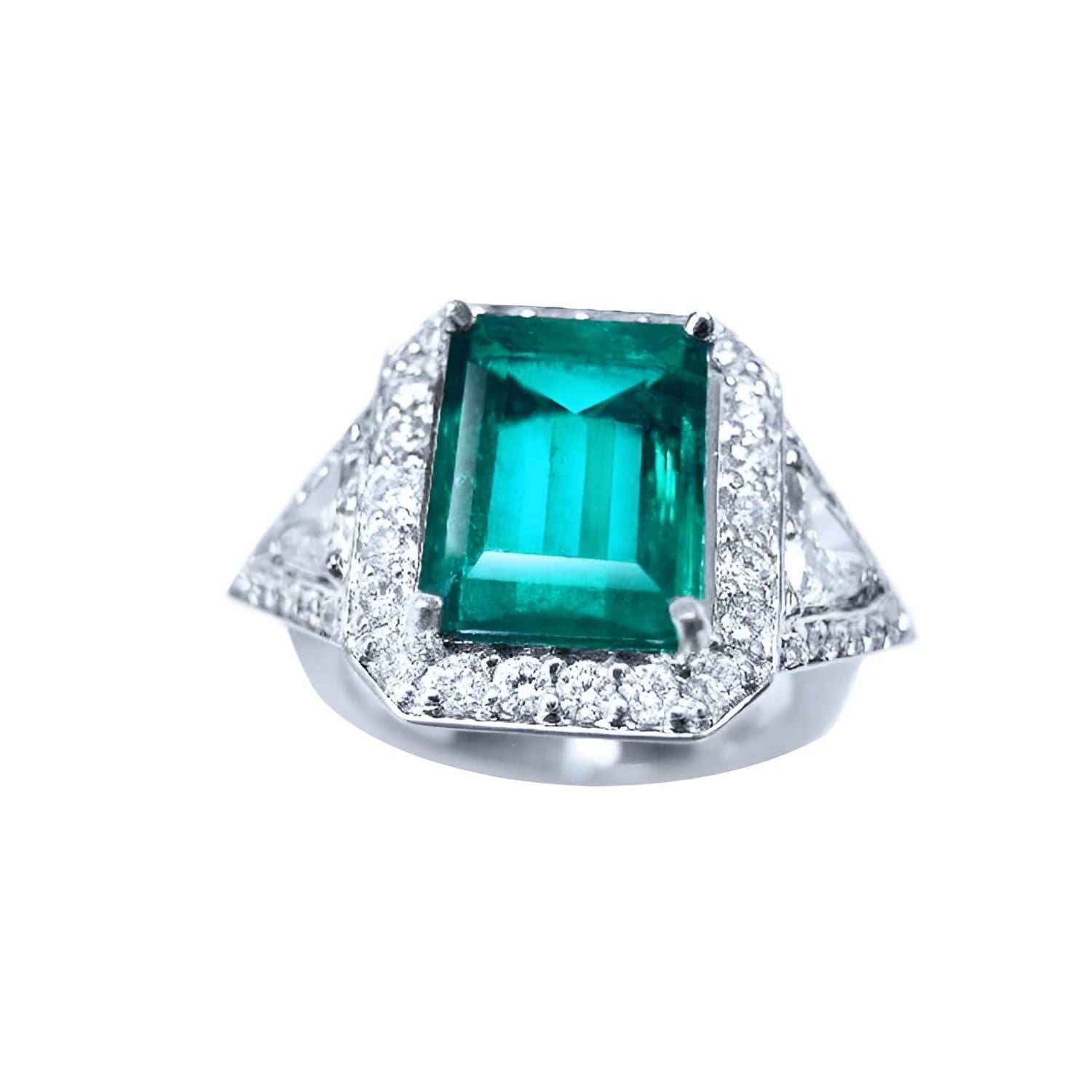 A natural colombian  emerald ring with side trillion genuine diamond GIA certified, made of 18k white gold.