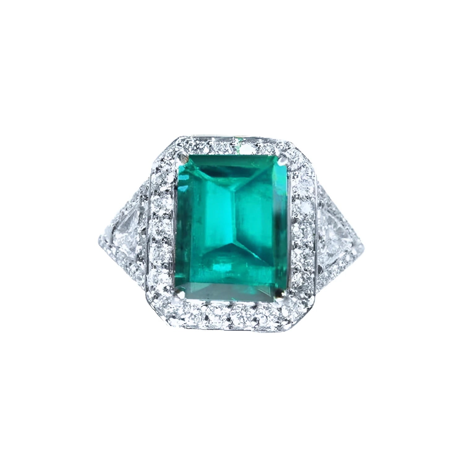 GIA certified 3.98 ct. emerald and diamond ring in 18K white gold with halo and trillion sides.