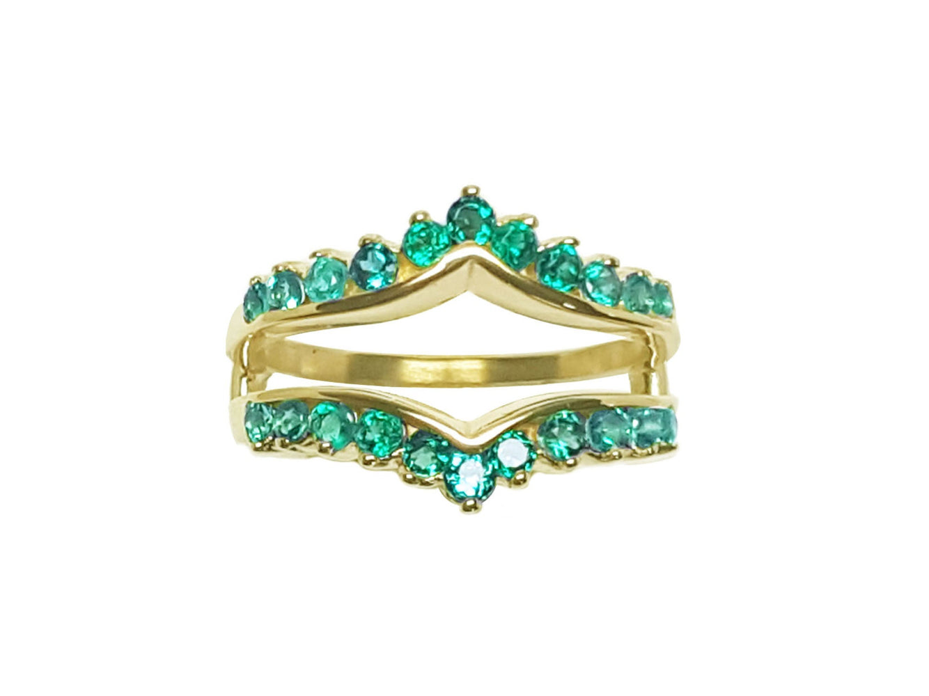 A yellow gold emerald ring guard to insert a solitaire engagement ring frontal view.