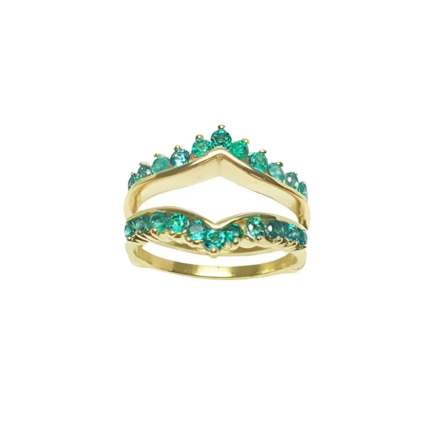 14K yellow gold emerald ring guard with 0.75 ct. round-cut Colombian emeralds, designed for solitaire rings.