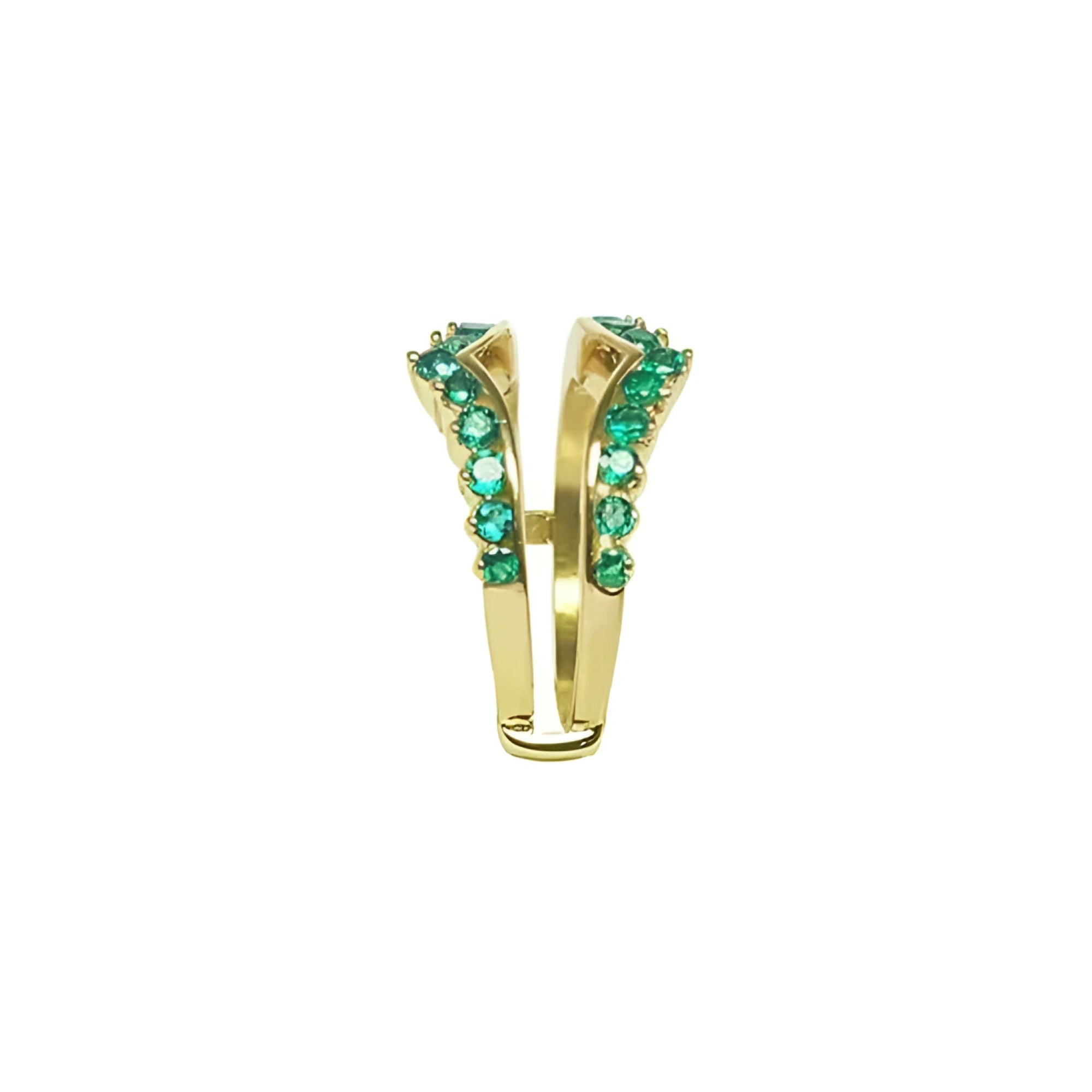 14K yellow gold ring guard with 0.75 ct. brilliant round-cut Colombian emeralds, designed for solitaire rings.