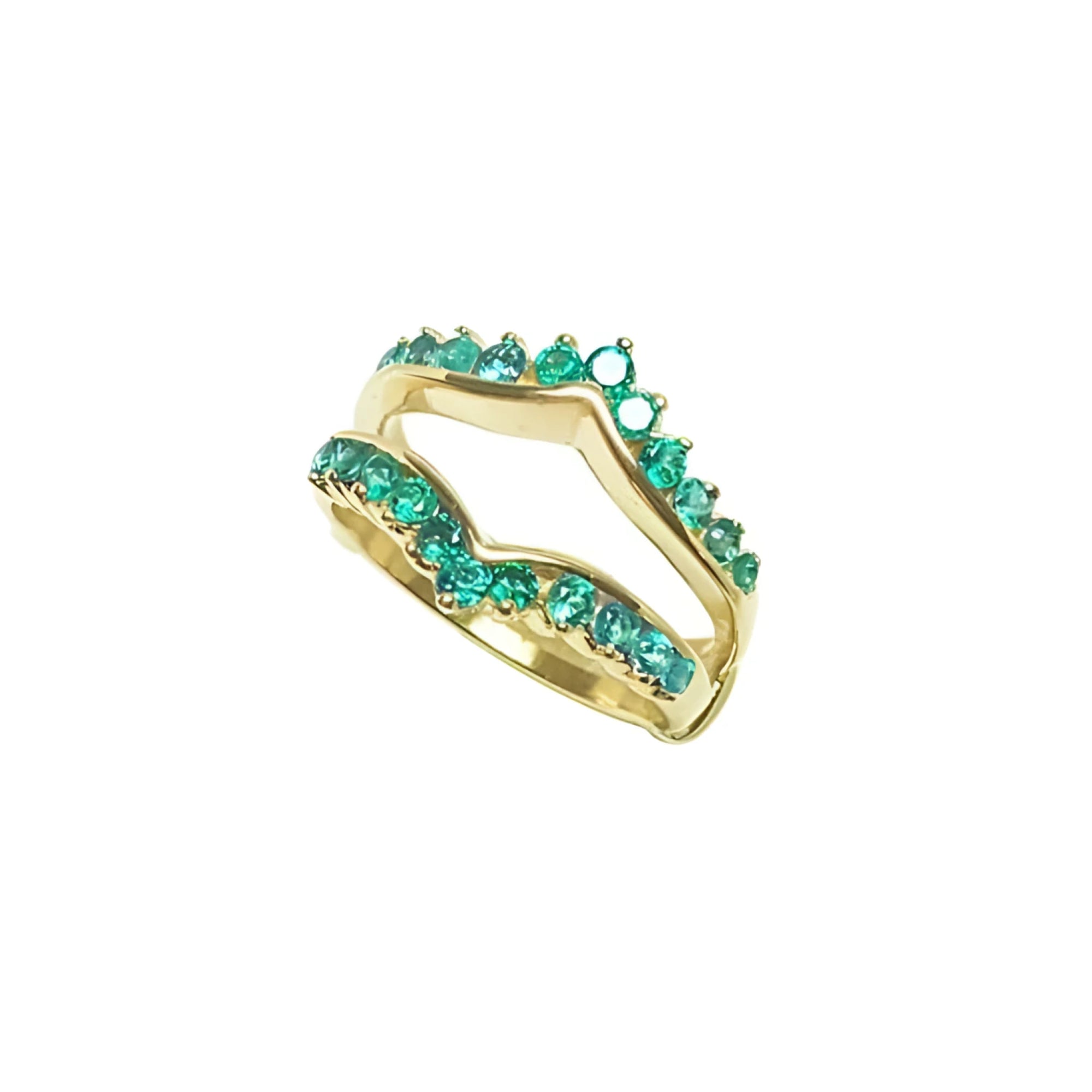 14K yellow gold emerald ring guard with 0.75 ct. round-cut emeralds, designed to fit a solitaire ring.