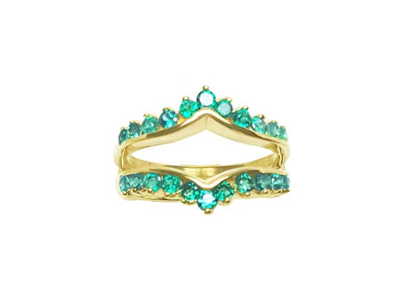 The topside view of an emerald ring guard in yellow gold.