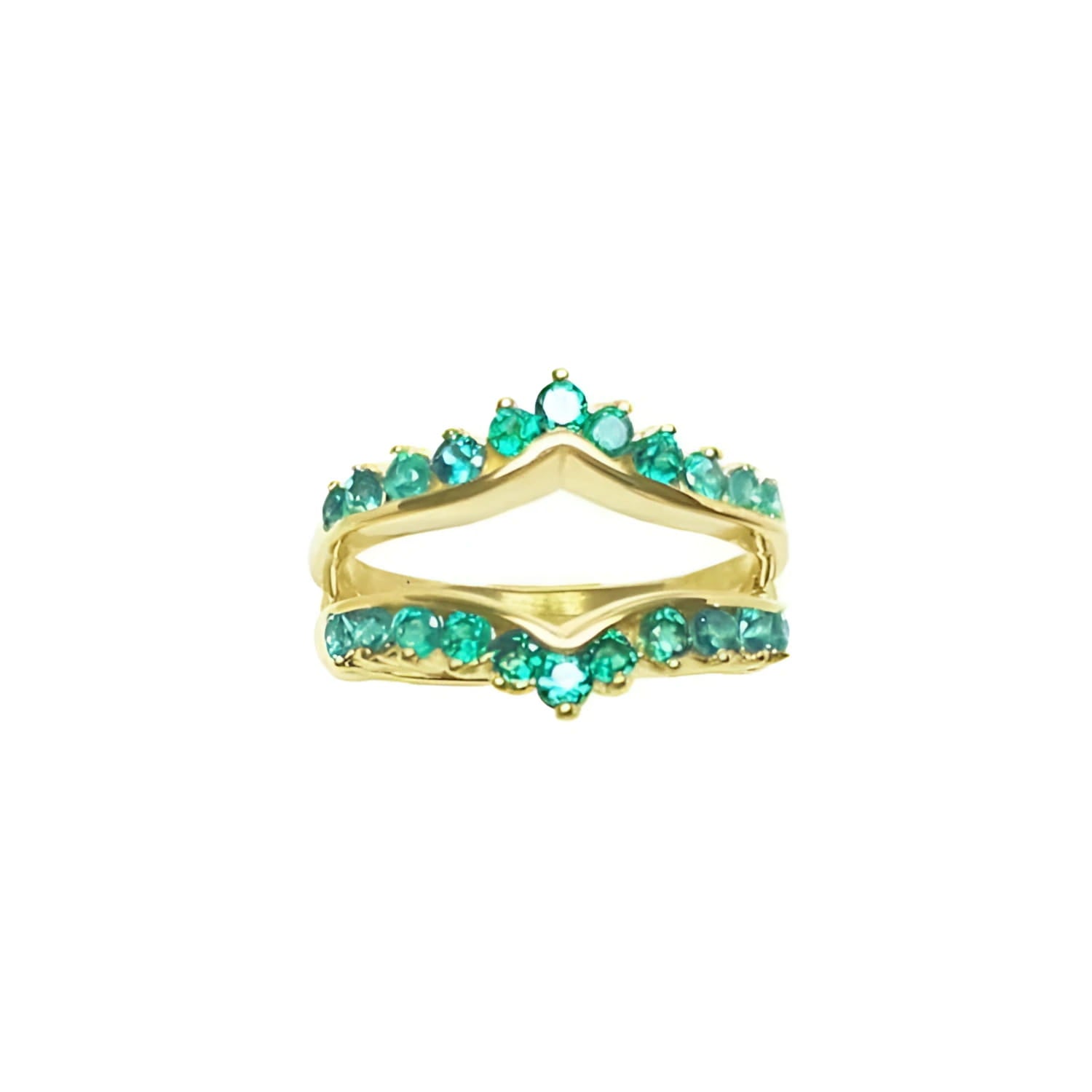 14K yellow gold emerald ring guard with 0.75 ct. round-cut Colombian emeralds, designed for solitaire rings.