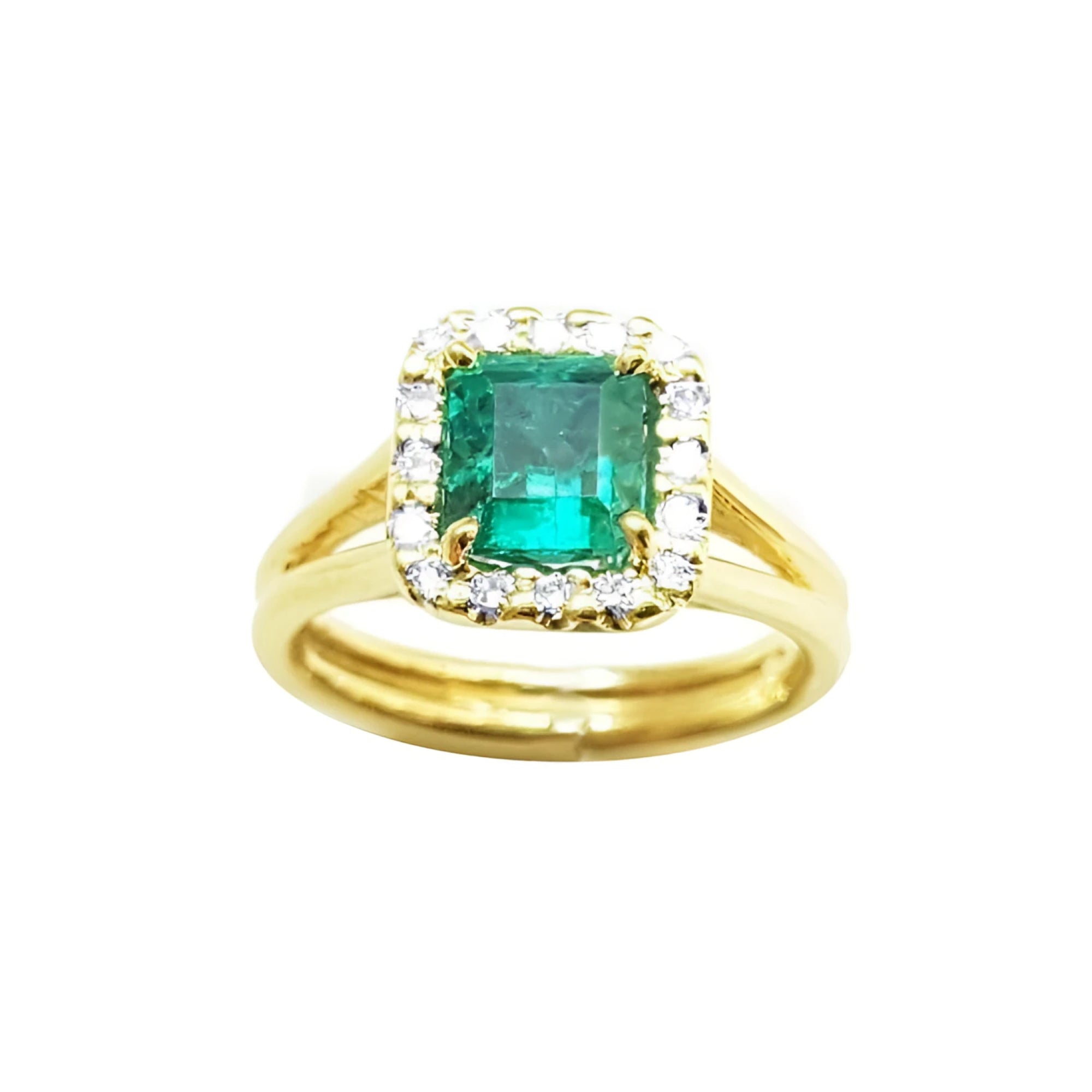 Halo diamond natural colombian emerald ring displayed with both sides profile in yellow gold.