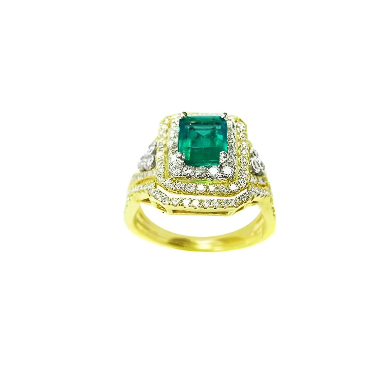 1.31 ct emerald-cut emerald ring with double halo diamonds and matching band in 14K yellow gold.