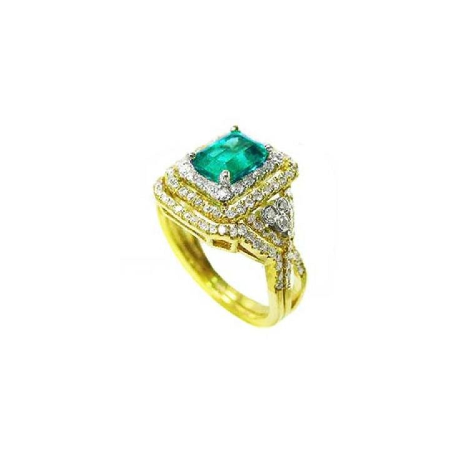 1.31 ct. emerald-cut emerald ring with double diamond halo and matching band in 14K yellow gold.