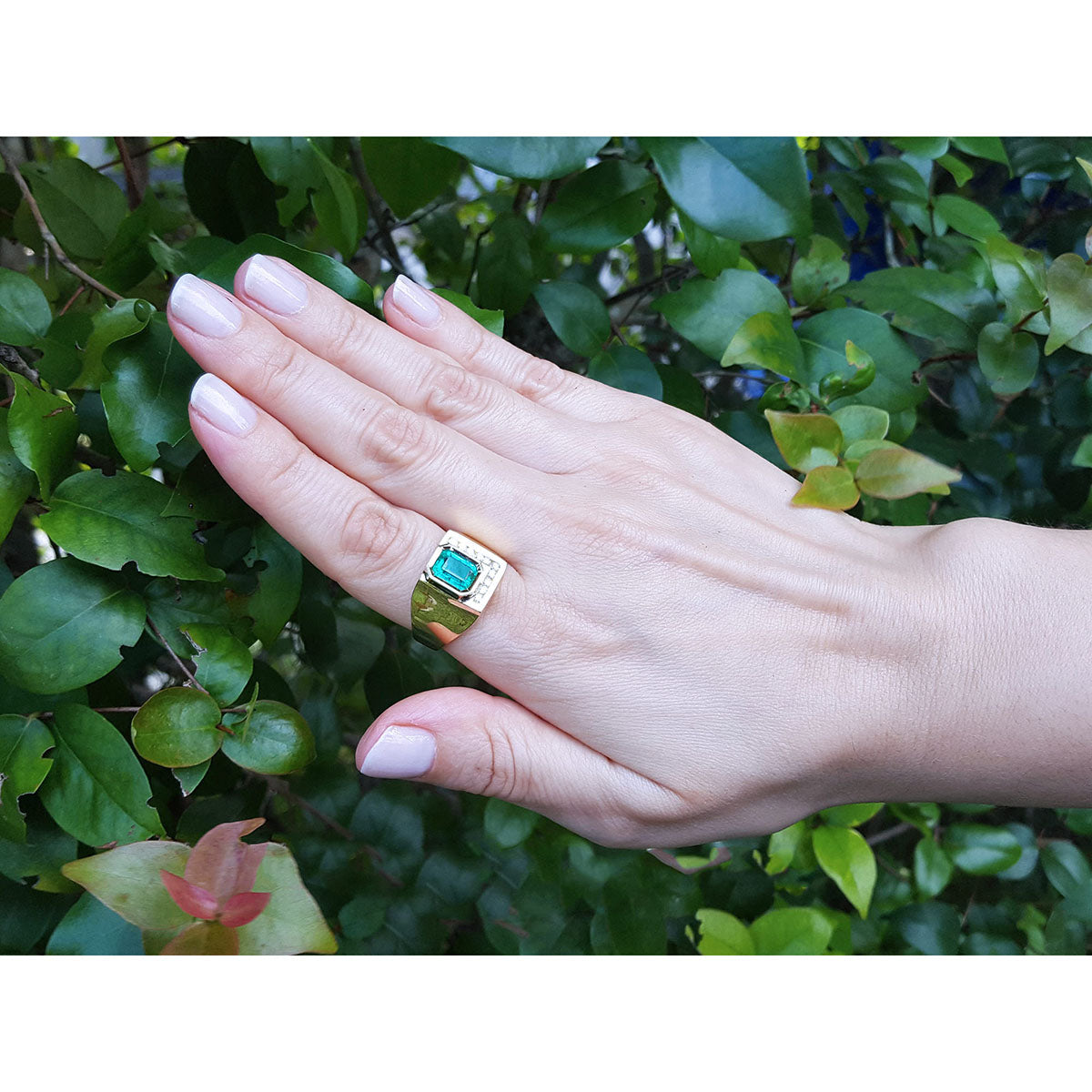 Hand wearing a yellow gold mens emerald ring against a green leafy background.