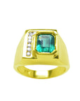 This men's emerald ring in bezel set and accent diamonds displays its top and sideways profile.