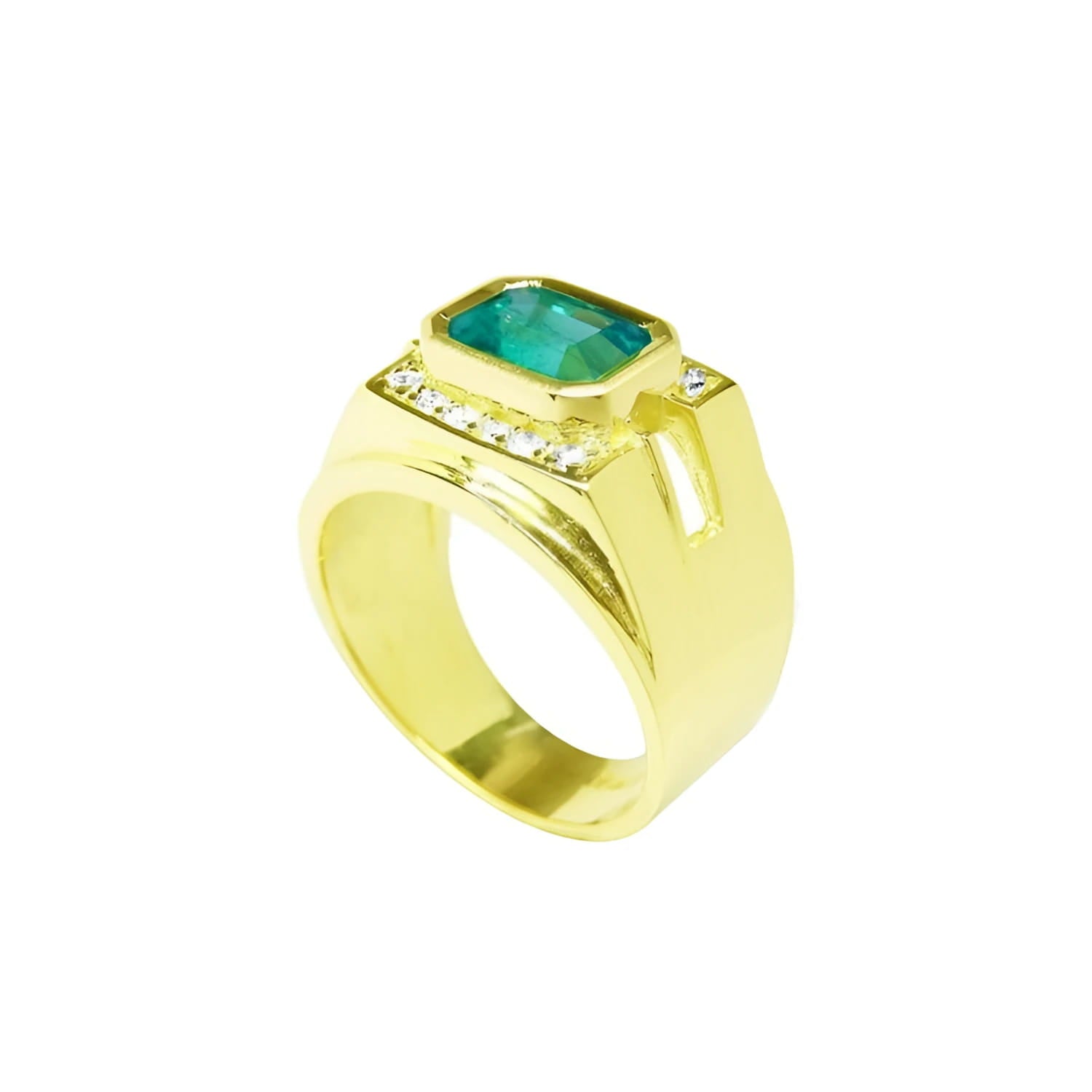 Men's 18K yellow gold ring with a rectangular emerald and surrounding diamonds.