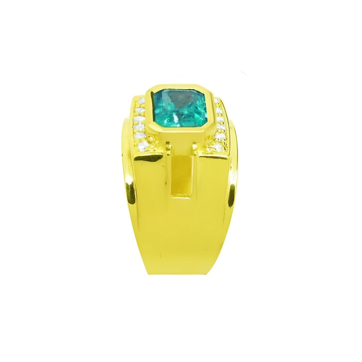 Men's 18K yellow gold ring with a vibrant emerald-cut Colombian emerald and diamond accents.