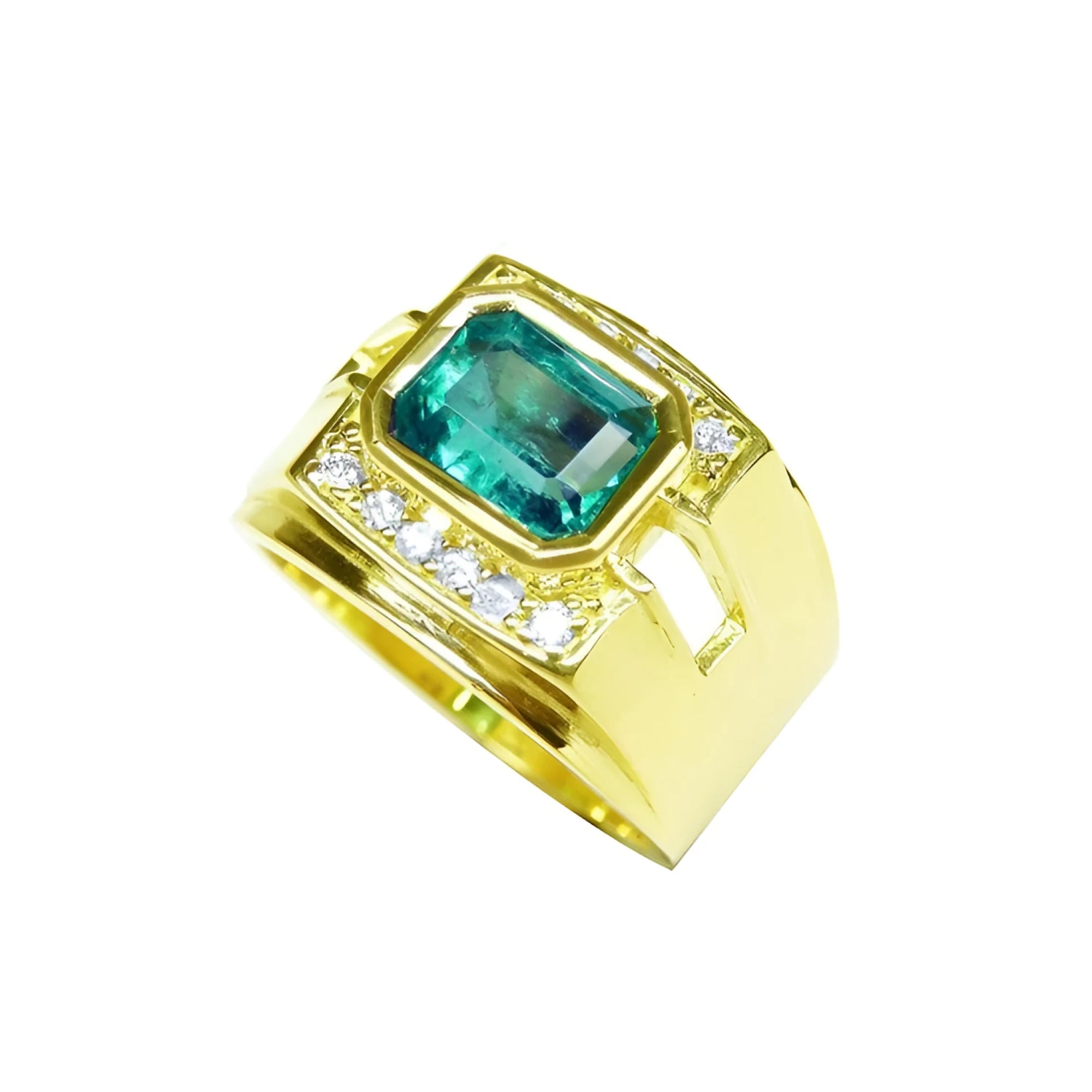 Men's 18K yellow gold ring with a rectangular emerald and surrounding diamonds.
