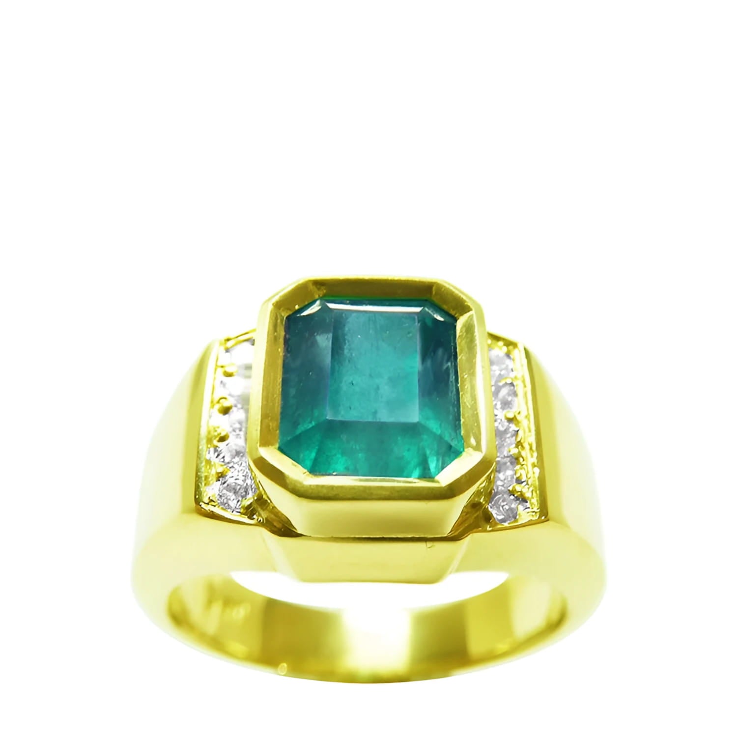 A selection of men’s natural Colombian emerald rings, showcasing accent diamonds or classic solitaire styles, expertly crafted in luxurious 18k and 14k gold. Stunning emerald jewelry for men.